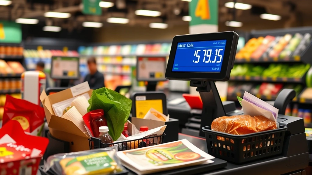 kansas city sales tax -
Grocery store checkout counter with various items and digital display showing t