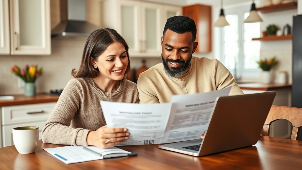kendall county property tax - 
Diverse couple reviewing mortgage and property tax statements together at kitch