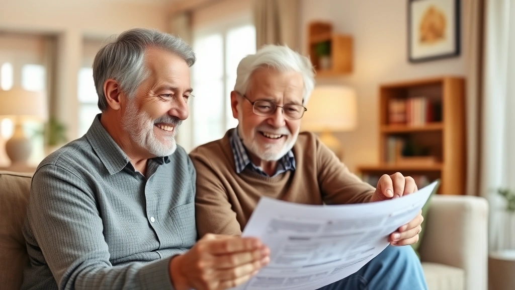 kern property tax - 
Senior couple reviewing financial documents together at home, smiling and point