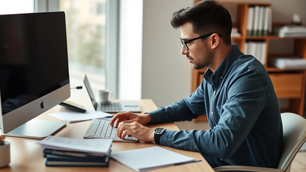 liberty tax hub -
Young professional filing taxes online on desktop computer with organized paper