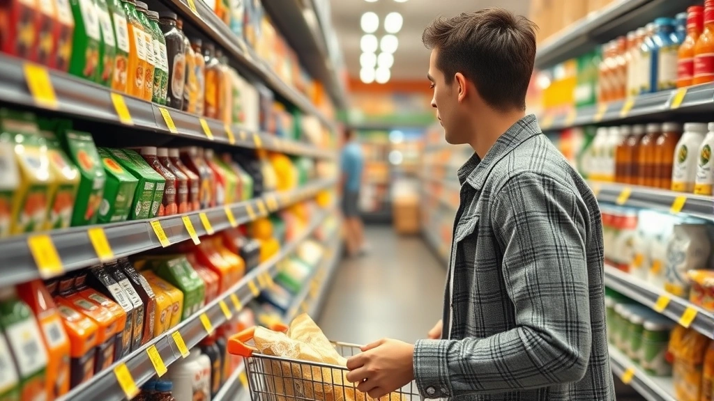 ma sales tax rate - 
Person shopping in supermarket aisle selecting groceries with price tags visibl