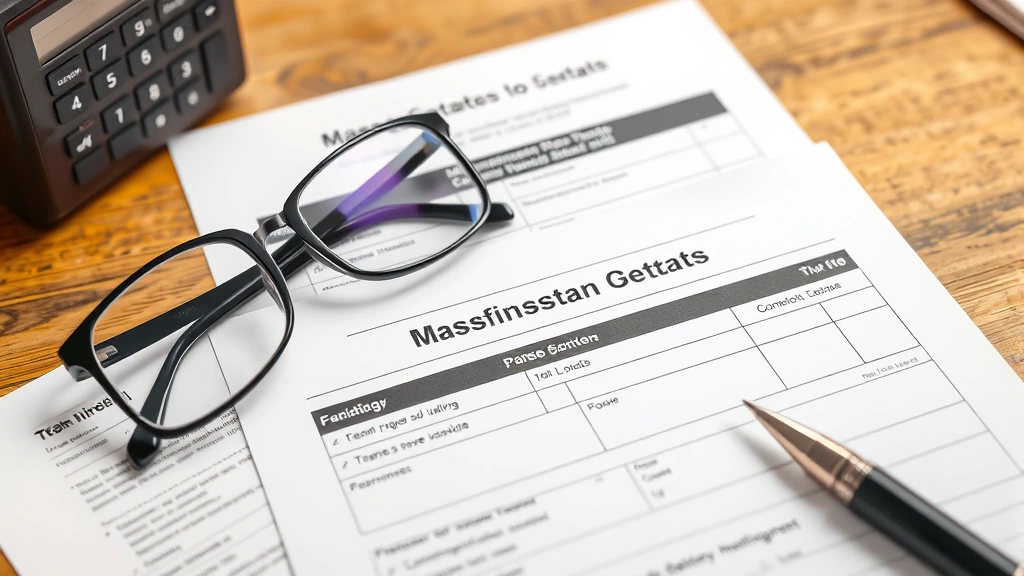 ma sales tax rate - 
Massachusetts state tax form and documents spread on desk with pen and glasses
