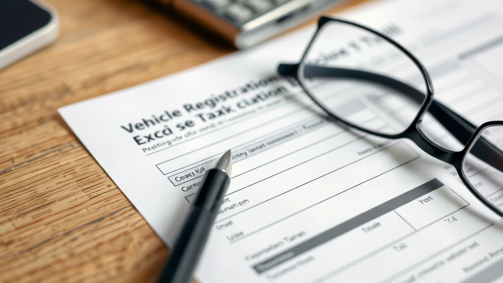 maine excise tax calculation -
Close-up of vehicle registration and excise tax bill with pen and reading glass