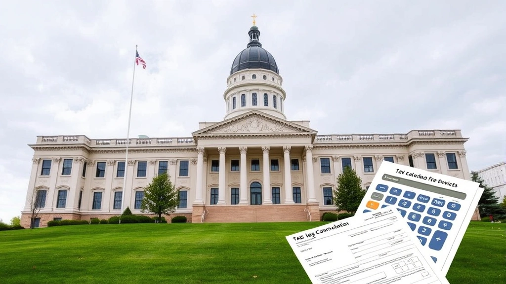 maine excise tax calculation -
Maine state capitol building exterior with tax forms and calculator in foregrou