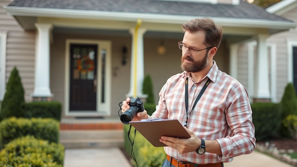 manatee county property tax -
Property appraiser measuring and documenting home exterior with clipboard and c