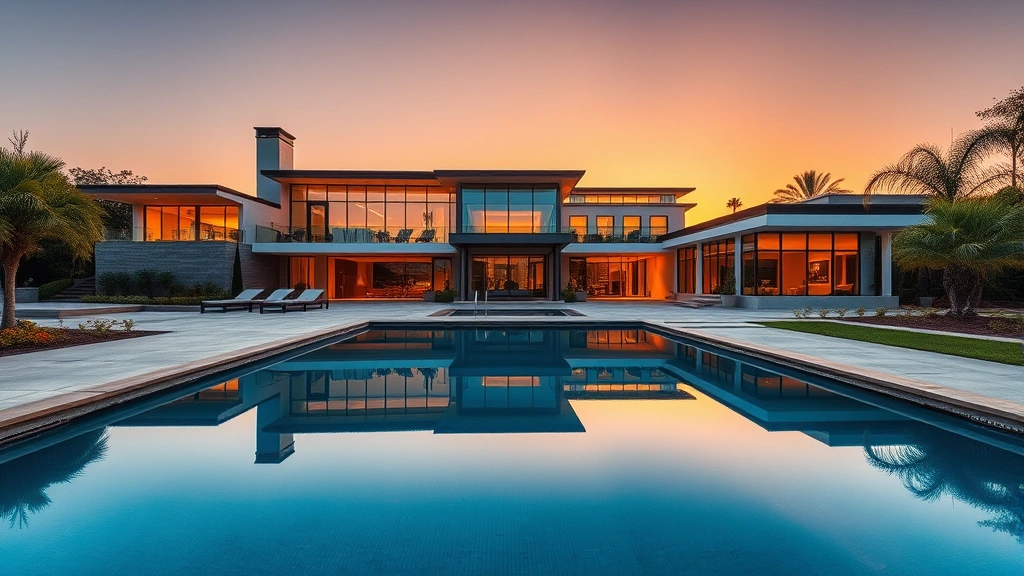 mansion tax california - 
Luxury California mansion exterior with pool and modern architecture during gol