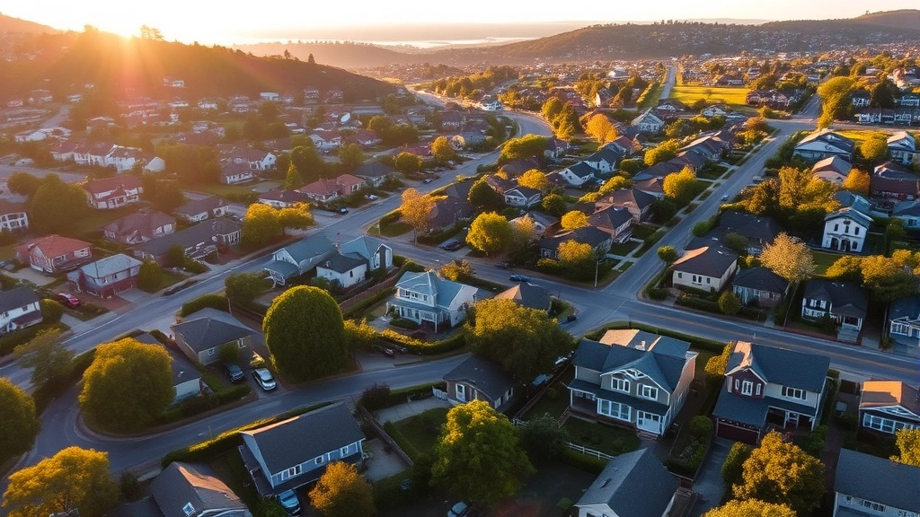 marin county real estate taxes -
Aerial view of Marin County residential neighborhood with diverse homes, mornin