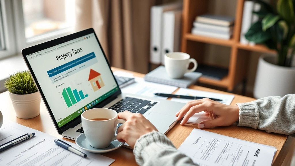 marin county real estate taxes -
Person using laptop to pay property taxes online, desk organized with financial