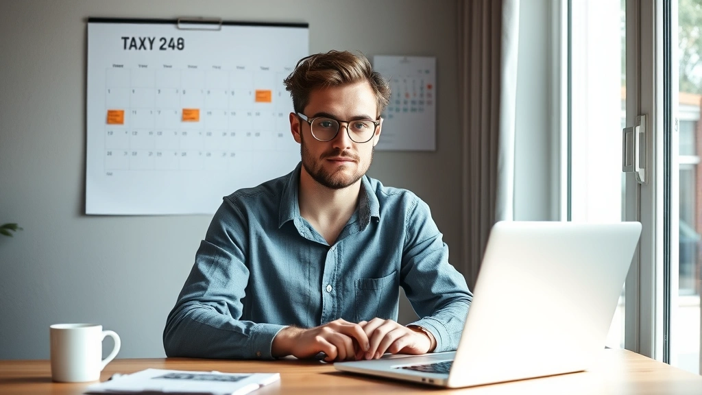 massachusetts estimated tax payments - 
Male freelancer working at home office with laptop, calendar marked with tax du