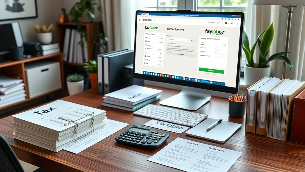 massachusetts estimated tax payments - 
Organized home office workspace with tax folders, calculator, computer showing 