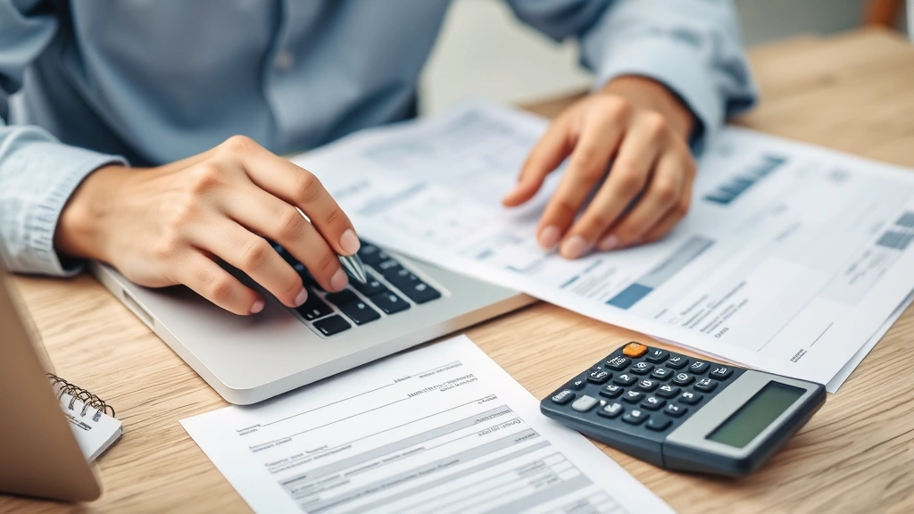 medicare tax definition -
Self-employed person working at laptop with tax documents and calculator showin