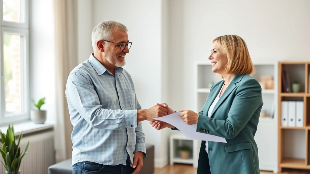 miami property taxes - 
Mature homeowner and tax professional shaking hands in contemporary office sett