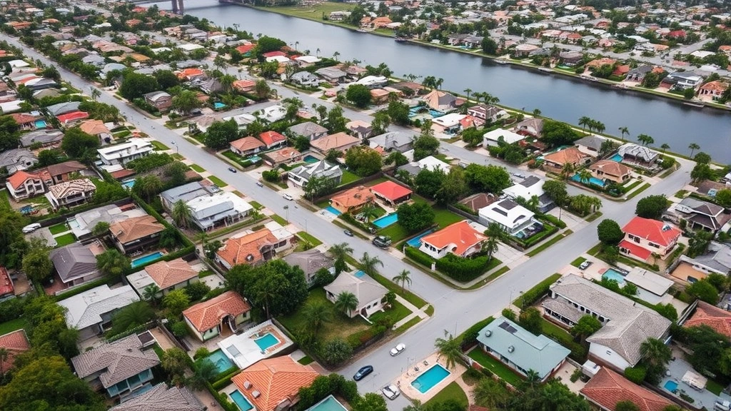 miami property taxes - 
Aerial view of Miami residential neighborhood with diverse homes, depicting pro