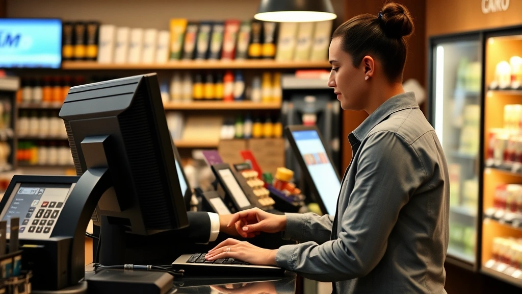 miami sales tax rate 2025 -
Business owner at point-of-sale system in small retail shop, entering transacti