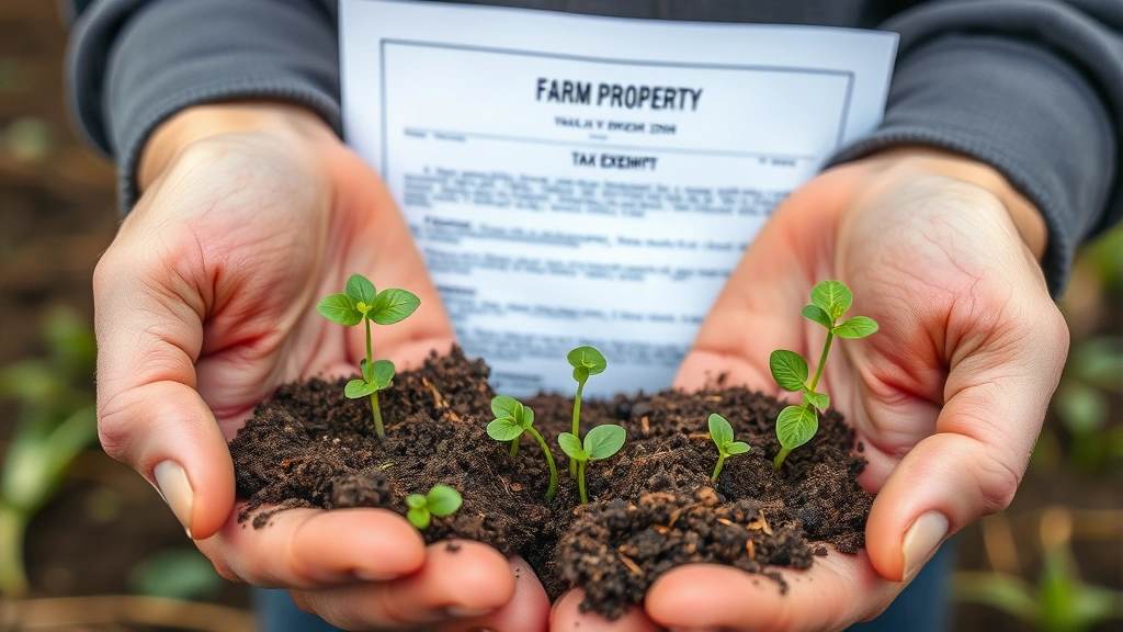minimum acreage for farm tax - 
Close-up of hands holding soil and crop seedlings with farm property deed and t