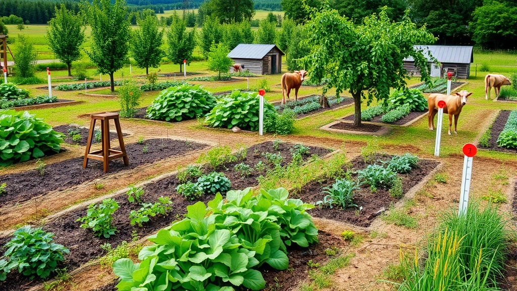 minimum acreage for farm tax - 
Diverse agricultural operation showing vegetable garden beds, fruit trees, and 