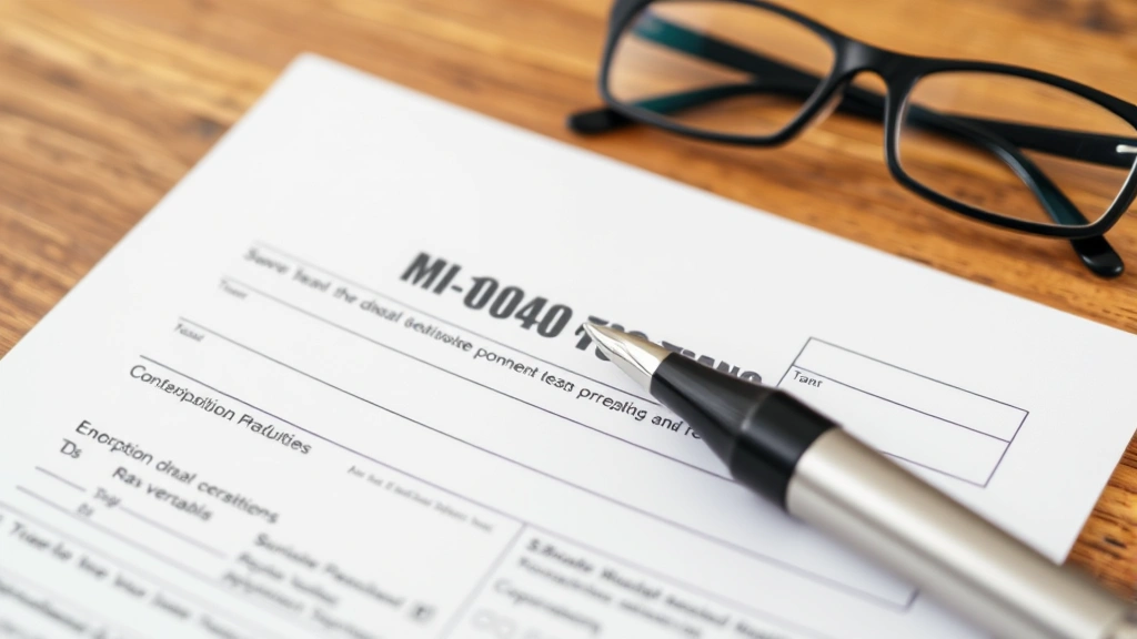 missouri income tax forms - 
Close-up of completed MO-1040 tax form with pen and reading glasses on wooden d