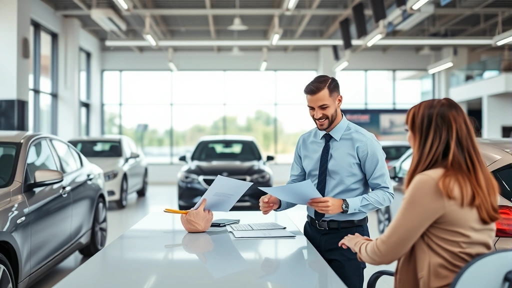 mn vehicle sales tax - 
Modern car dealership interior with salesperson explaining paperwork to custome