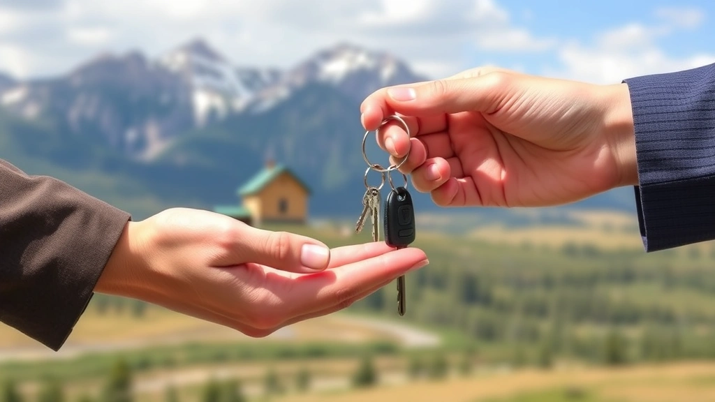 montana inheritance tax - 
Hands exchanging house keys with Montana landscape background, symbolizing prop