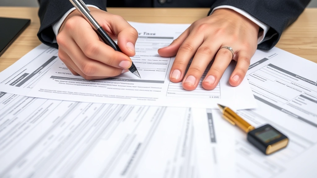 monterey county ca tax collector -
Close-up of hands signing property tax forms with pen, documents spread on desk