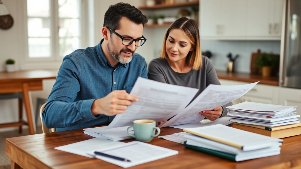 mt state taxes - 
Diverse couple reviewing tax paperwork together at home kitchen table with coff