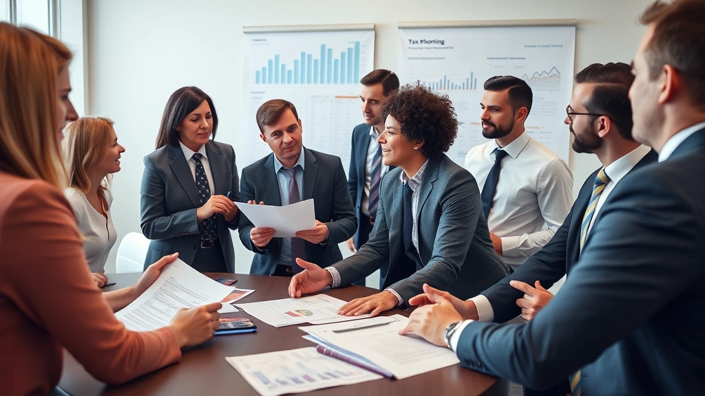 new britain taxes - 
Diverse group in professional setting discussing tax planning with charts and f