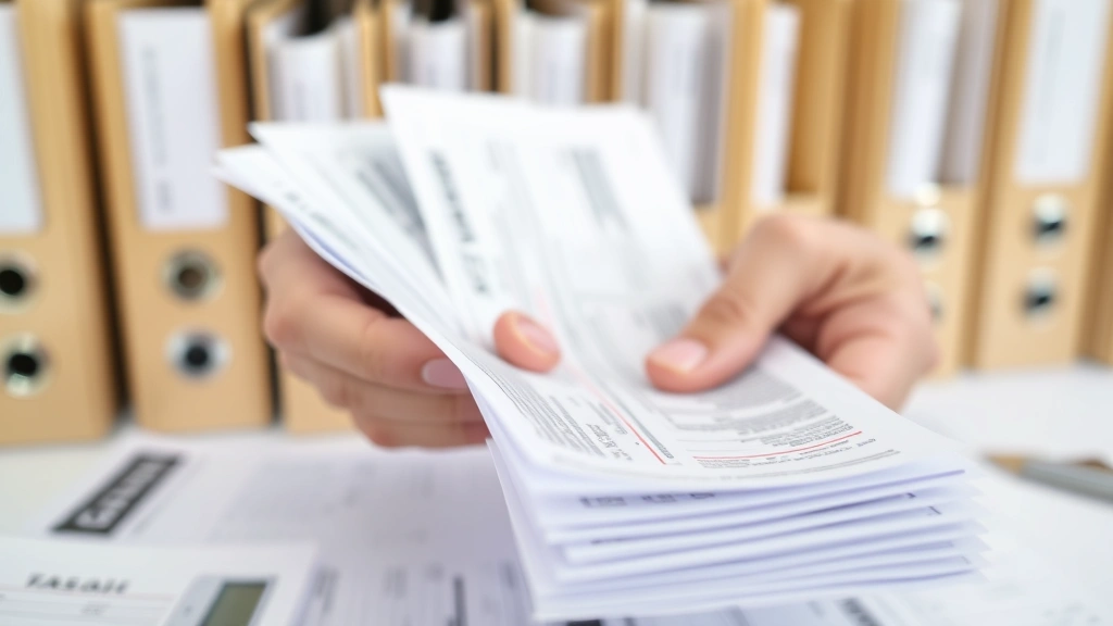 new york state tax extension - 
Close-up of hands holding tax forms and receipts, organized filing system in ba