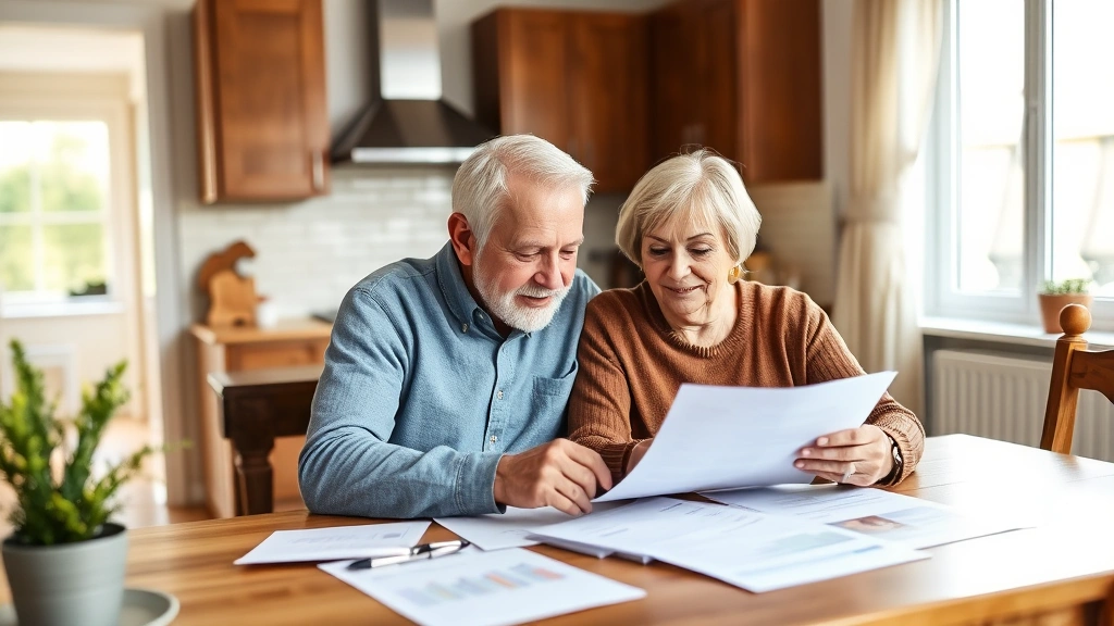 newport news property tax - 
Senior couple sitting at kitchen table looking at paperwork together, warm home