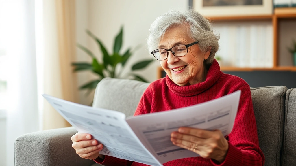 nj senior property tax freeze - 
Elderly woman smiling while looking at home ownership documents and tax forms
