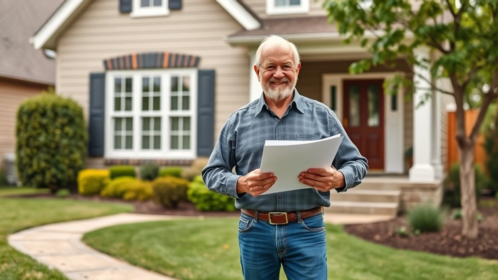 nj senior property tax freeze - 
Senior homeowner standing confidently in front of their house with documents
