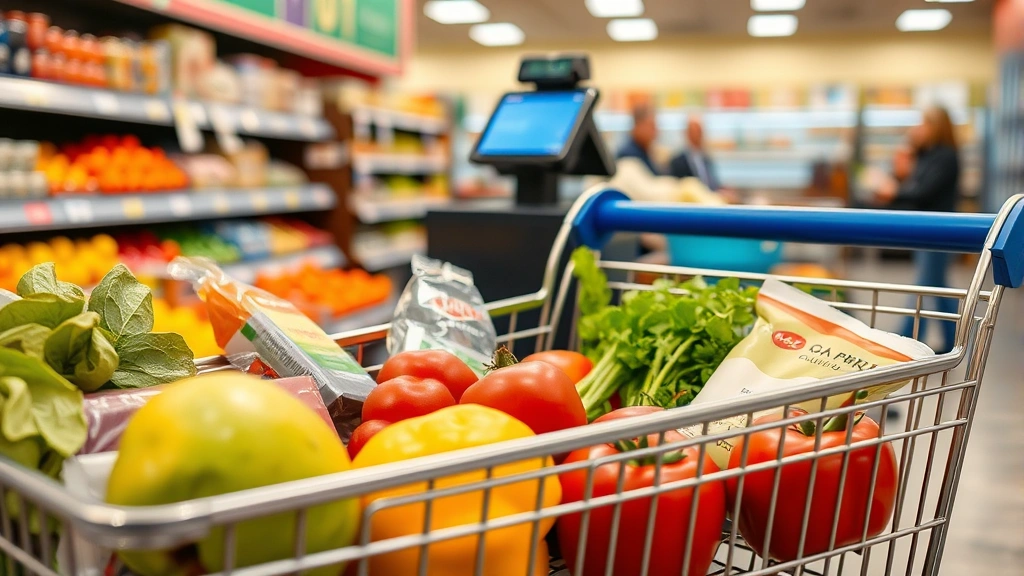 nola sales tax - 
Close-up of grocery store shopping cart with fresh produce and packaged items, 