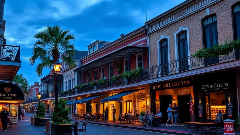 nola sales tax - 
New Orleans French Quarter street scene with restaurants and shops, evening amb