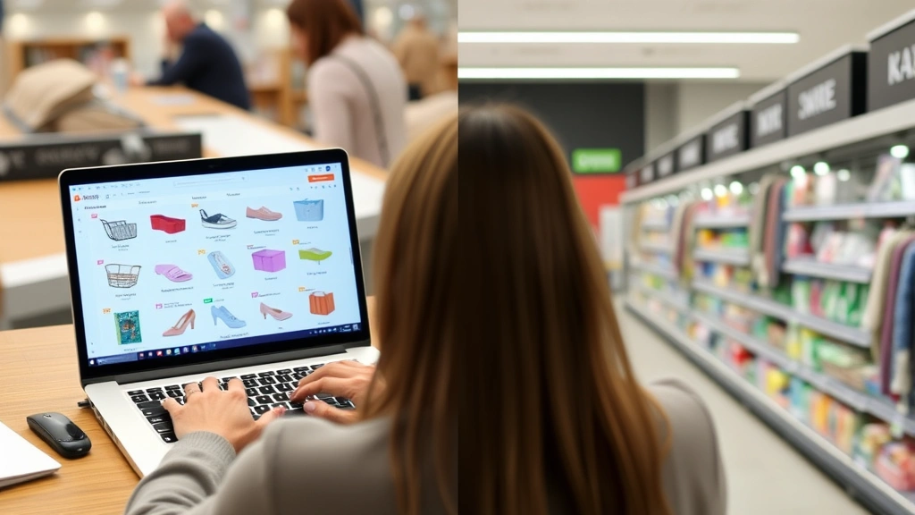 nola sales tax - 
Split-screen comparison: person shopping online on laptop versus in physical re