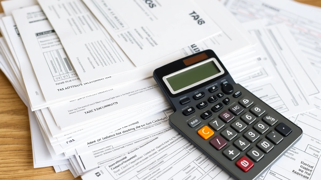 non refundable tax credit - 
Stack of organized tax documents, receipts, and forms with calculator, represen