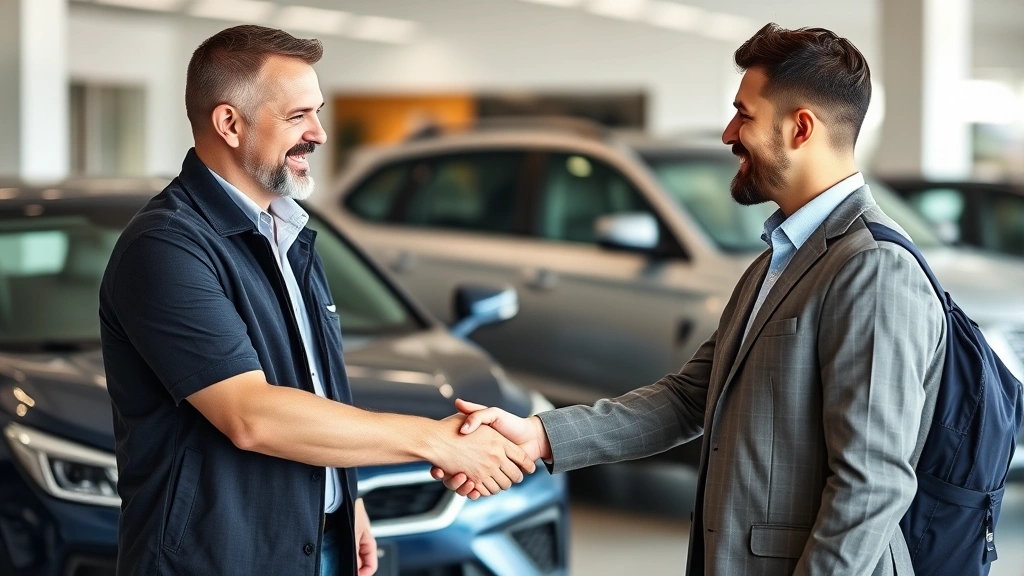 north carolina car sales tax - 
Smiling customer and car salesman shaking hands at dealership showroom with new