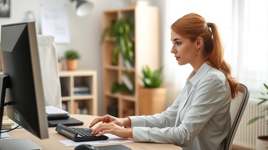 ohio paycheck tax calculator - 
Young professional woman sitting at computer working with tax software and calc