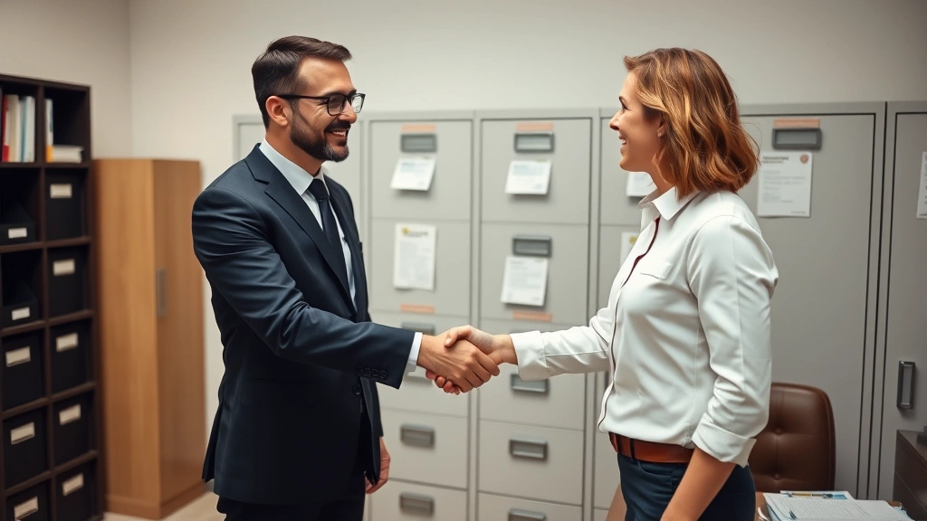 ohio regional income tax -
Handshake between tax professional and client in office with filing cabinets an