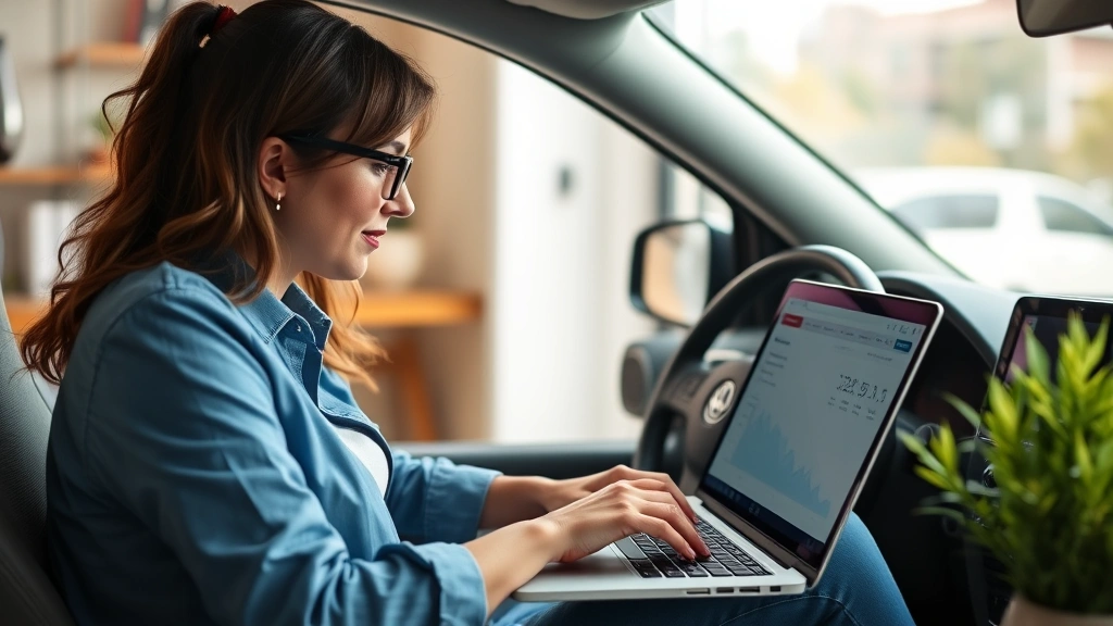 oklahoma vehicle sales tax - 
Professional woman using laptop to research vehicle pricing and tax rates in ho