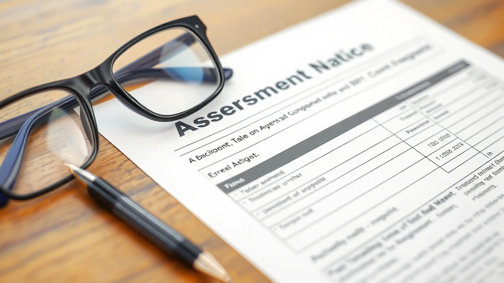 orange county property tax rate - 
Close-up of property tax bill and assessment notice with pen and reading glasse
