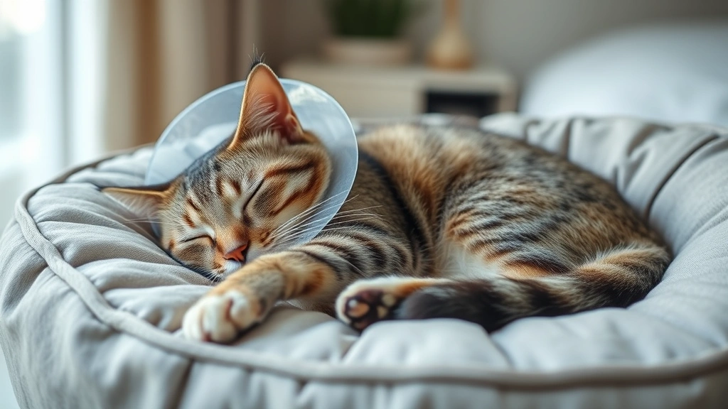 oregon cat tax - 
Spayed cat resting peacefully on a comfortable cat bed after surgery, wearing r