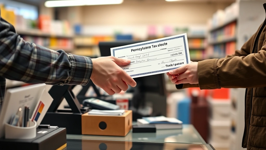 pa tax exempt certificate - 
Close-up of hands exchanging Pennsylvania tax exempt certificate with retailer 