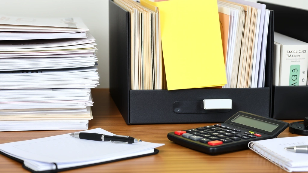 pay md state taxes online - 
Organized filing system with labeled folders and documents, calculator, pen, an