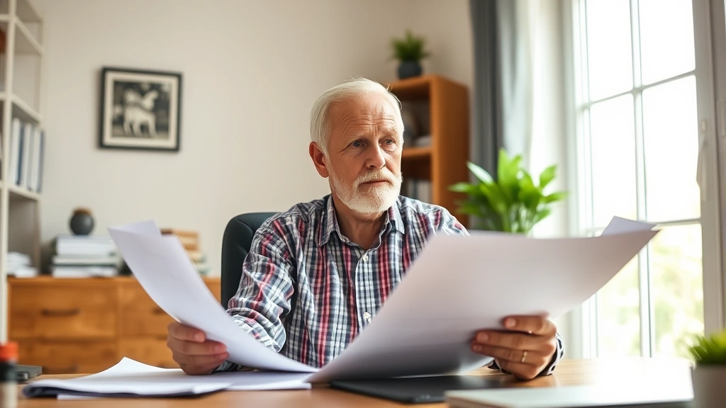 pcmc property tax - 
Middle-aged homeowner reviewing property assessment documents at home office de