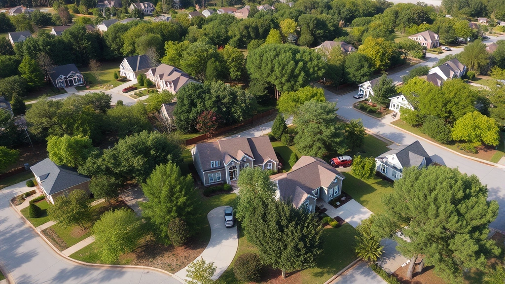 peach county ga tax assessor - 
Aerial view of suburban neighborhood homes with mature trees and driveways, rep