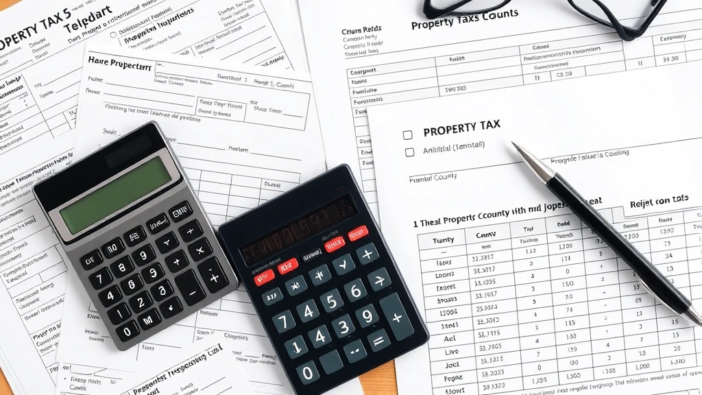personal property tax jackson county - 
Overhead shot of organized workspace with property tax forms, calculator, pen, 