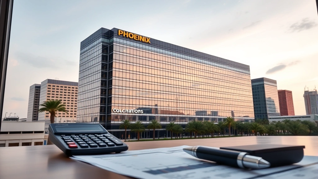 phoenix az tax rate - 
Modern office building representing Phoenix business district with calculator, 