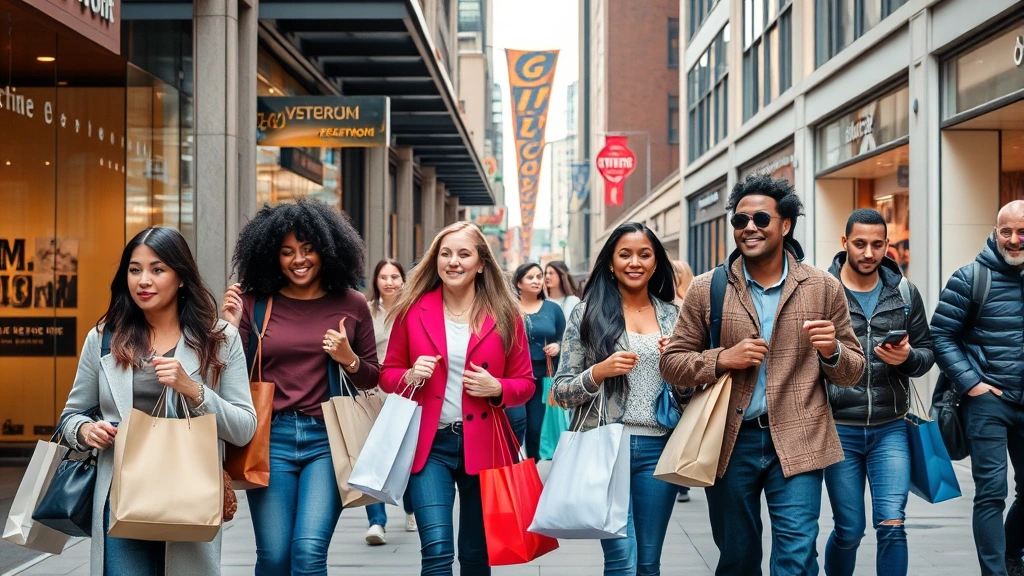 pittsburgh sales tax - 
Diverse shoppers with shopping bags in modern Pittsburgh urban shopping distric