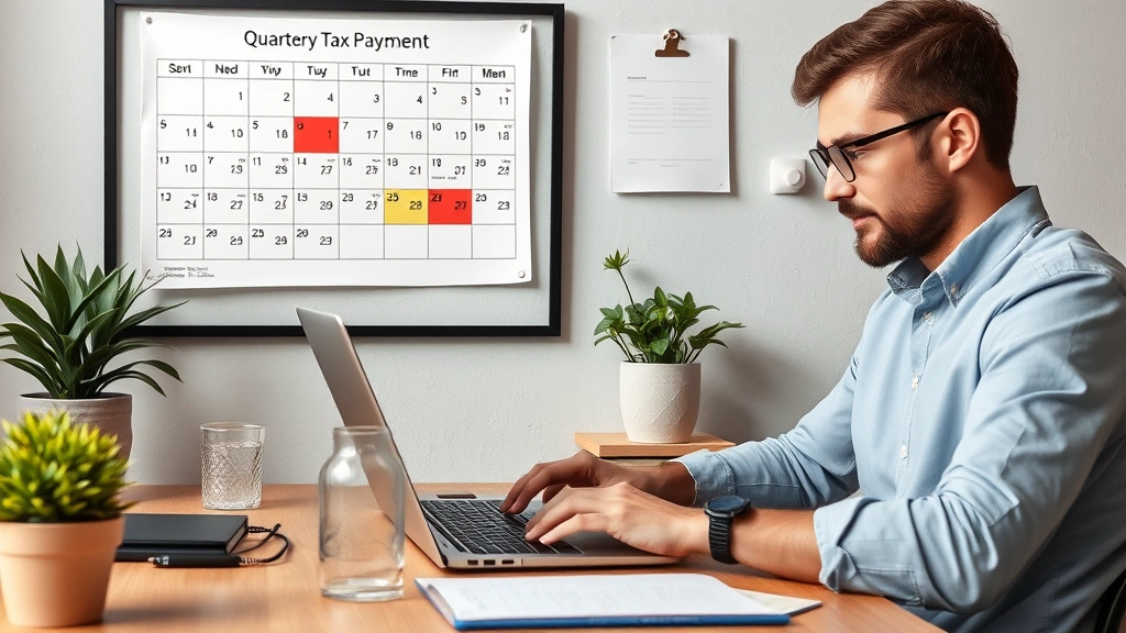 preliminary tax definition - 
Self-employed person working at laptop with quarterly tax payment calendar visi