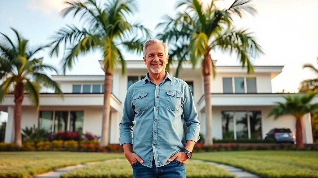 property tax estimator florida - 
Homeowner standing in front of modern Florida home with palm trees, confident e