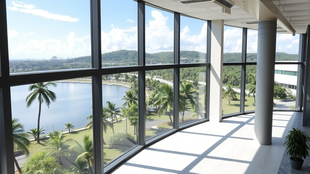 puerto rico taxes to us - 
Modern Puerto Rico office building interior with floor-to-ceiling windows overl